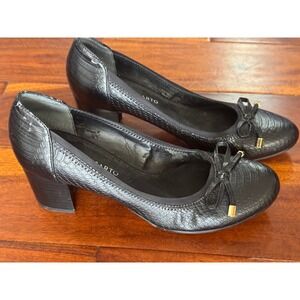 Franco Sarto Black Embossed Faux Leather Bow Block Heel Pumps Women's Shoes